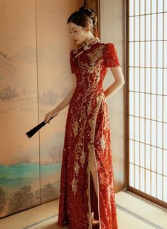 Chinese Dress Qipao Modern Cheongsam Wedding, Japanese Kimono Wedding Dress, Red Qipao Aesthetic, Ancient China Fashion, Wedding Chinese Dress, Long Embroidered Cheongsam For Wedding, Embroidered Long Cheongsam For Wedding, Floor-length Ao Dai For Ceremonies, Wedding Cheongsam With Embroidered Stand Collar