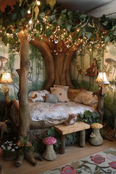 a bedroom decorated with fairy lights and trees for the headboard, foot board and bed