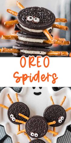 oreo spider cookies are stacked on top of each other with googly eyes and pretzels