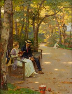 a painting of two people sitting on a bench in the woods, one holding a book