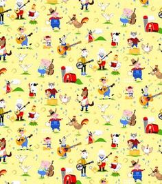 a yellow background with various cartoon characters and animals on it, all in different colors