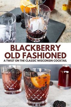 blackberry old fashioned cocktail in glasses with blackberries on the side and orange slices next to it