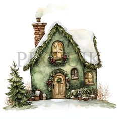 a watercolor painting of a green house with snow on the roof