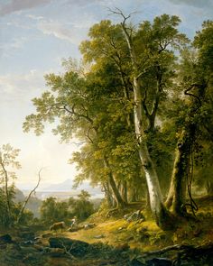 a painting of trees and animals in a wooded area