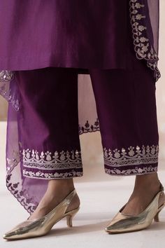 Purple straight kurta with floral mandala butti embroidery and mirror highlights. Paired with a pant with embroidered hem and dupatta with scallop trimmed, embroidered border. - Aza Fashions Diwali Purple Palazzo Set With Mirror Work, Elegant Purple Sets With Embroidered Border, Traditional Pants With Embroidered Border For Festivals, Festive Pants With Zari Work And Traditional Drape, Traditional Pants With Embroidered Border For Eid, Festive Bottoms With Zari Work For Festivals, Eid Festive Bottoms With Embroidered Border, Traditional Wedding Pants With Embroidered Border, Traditional Embroidered Wedding Pants