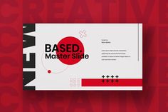 a red and white business card with the words based master slide on it's side