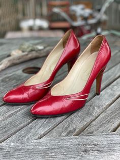 "80's Cherry Red High Heels  Made in Italy This is a Vintage item.  Sized a 9M  Sole measures 9'  Heel is about 4\" Note: I typically don't accept returns based on the item not fitting, make sure and take measurements and reach out if  I can assist in anyway." Retro Heels With Red Sole And Pointed Toe, Retro Pointed Toe Heels With Red Sole, Retro Spring Heels With Red Sole, Vintage Red Heels For Spring, Vintage Red Heels With Round Toe, Vintage Red Round Toe Heels, Vintage Heels With Red Sole And Round Toe, Retro Red Almond Toe Heels, Vintage Heels With Red Sole And Pointed Toe