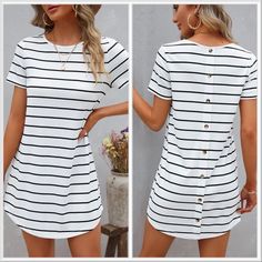 Striped Button Back Curved Hem Tee Dress Ships In 5-8 Days~ 93% Polyester, 7% Elastane Size Tags Are Letters Xs(2) S-(4) M-(6) L-(8/10) Xl-(12) 1xl-(14) 2xl-(16) 3xl-(18) 4xl-(20) Xl-(12) Search: Anthro Festival Preppy Casual Mumu Revolve Spell Reformation Puff Popular Swim Contemporary Layering Free People Cami Dress Top Events Lulu Vacation Beach Contemporary Anniversary Boat Weekend Pool Swim Night Out Visit My Boutique Summer Dresses With Short Sleeves And Buttons, Casual White Shirt Dress With Buttons, Summer Short Sleeve Button Shirt Dress, Casual Striped Shirt Dress For Day Out, Short Sleeve Shirt Dress With Buttons For Day Out, Short Sleeve Mini Dress With Buttons For Summer, Summer Mini Dress With Buttons And Short Sleeves, Casual Short Sleeve Shirt Dress With Buttons, Casual Shirt Dress With Buttons For Day Out