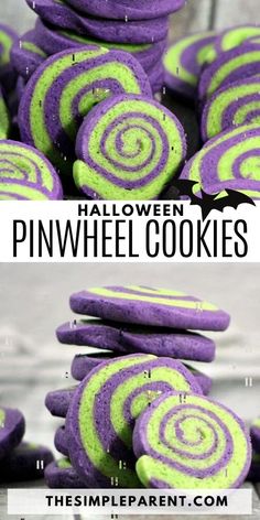 purple and green cookies stacked on top of each other with the words halloween pinwheel cookies