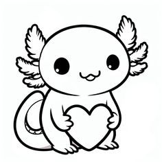 a cute little animal with wings holding a heart in its paws, coloring book page