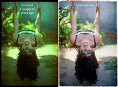 two pictures of a woman doing a handstand and another photo of a man upside down