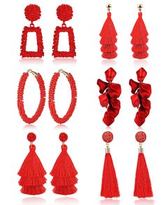 PRICES MAY VARY. 【TASSEL EARRINGS SAT】One order contains 6 different styles of statement earrings, layered tassel earrings, lantern earrings,raffia earrings, heart statement earring and geometric earrings. There are red earrings, black tassel earrings, hot pink earrings, white earrings to choose from. 【HIGH QUALITY MATERIAL】Made of high quality alloy, acrylic and cotton tassels. Tassel earring is nickel and lead free, hypoallergenic, rust-resistant, durable, which won't fade and maintain their b Raffia Earrings, Lantern Earrings, White Tassel Earrings, Hot Pink Earrings, Tassel Earring, Long Tassel Earrings, Earrings Heart, Statement Earring, Discount Jewelry