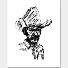 a black and white drawing of a man wearing a cowboy hat