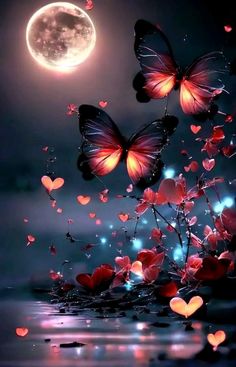 two butterflies flying in the air over water with hearts floating on it and a full moon behind them