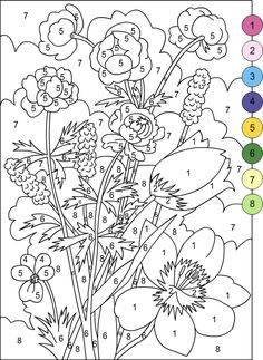 a coloring page with flowers and numbers