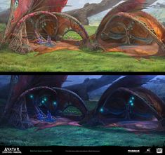 the concept art for an upcoming animated movie is shown in two separate screens, one showing a