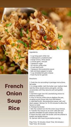 the recipe for french onion soup rice is shown in this brochure, and it's ready to be eaten