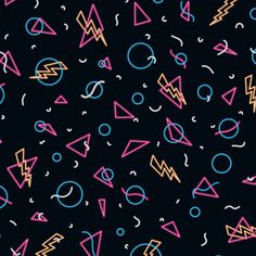 an abstract pattern with different shapes and colors on a black background that is very colorful