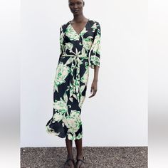 Midi Dress With V-Neck With Elbow-Length Sleeves And Self-Belt. Brand New With Tags. Armpit To Armpit 19”, Full Waist 36”, Length 49” Green Belted V-neck Maxi Dress, Black Long Sleeve Belted Dress For Spring, Chic V-neck Belted Dress For Day Out, Spring V-neck Belted Work Dress, Elegant Green Floral Print Wrap Dress, Summer V-neck Belted Dress, Belted V-neck Dress For Brunch, Fitted V-neck Belted Dress For Spring, Green Floral Print Midi V-neck Dress