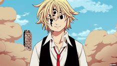 an anime character with blonde hair and black eyes wearing a white shirt and red tie