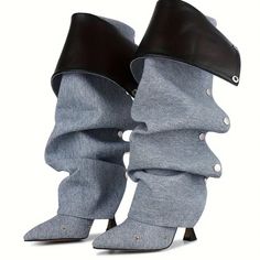 Women's Knee High Boots, Stiletto High Heel Pointed Toe Denim Boots, Zipper Detachable Snap-Off Wide Calf Slouchy Ruched Boots Chic Denim Winter Boots, Chic Winter Denim Boots, Shark Boots, High Boots For Women, Women's Knee High Boots, Boots Zipper, Black Knee High Boots, Denim Boots, Womens Stilettos