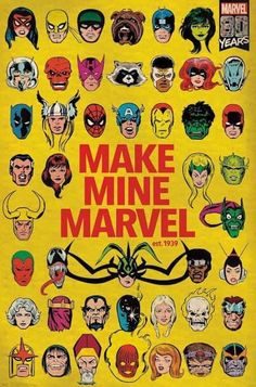 an advertisement for the movie make mine marvel, featuring many superheros and their faces