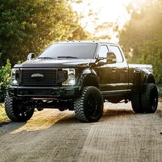 a black truck parked on the side of a dirt road next to trees and bushes