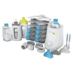 an assortment of baby products including bottles, cups and spoons