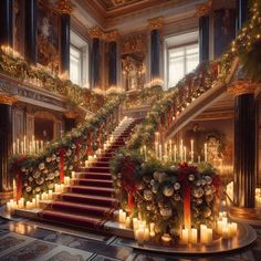 a staircase decorated with christmas decorations and lit candles