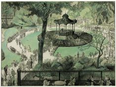 an artistic drawing of a park with a gazebo