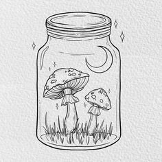 a jar filled with mushrooms sitting on top of a white paper covered wall next to a black and white drawing of a mushroom