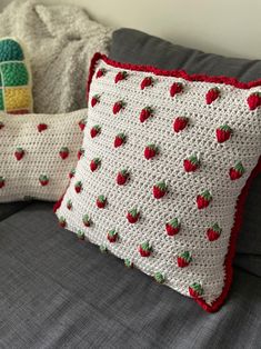 two crocheted pillows sitting on top of a gray couch next to each other