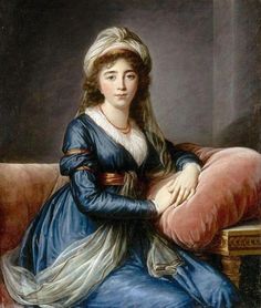 a painting of a woman sitting on a couch with her legs crossed and wearing a blue dress