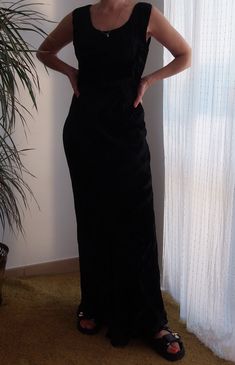 "Vintage bias cut silk black maxi dress by the brand TCT. 90's black velvet and silk party dress. Fits like a S/M. Material: 18% silk; 82% viscose. Measurements lying flat: Bust: 45cm / 17.7\" Waist: 35cm / 13.8\" Hips: 48cm / 18.9\" Length: 150cm / 59.1\" Very good condition." Silk Party Dress, Fun Pants, 90s Dress, Black Maxi, Black Maxi Dress, Dress Clothes For Women, Black Velvet, Party Dress, Dress Outfits