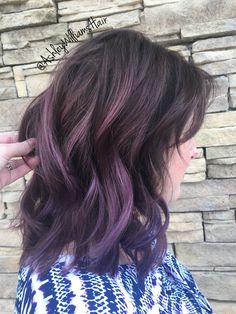 Purple balayage Purple Ombre Balayage, Lavender Baylage Brunette, Purple Hair For Short Hair, Purple And Caramel Balayage, Short Brunette Hair With Purple Highlights, Purple Brown Balayage, Purple Low Lights Brown Hair, Dark Purple Balayage Brunettes, Brown And Purple Hair Balayage