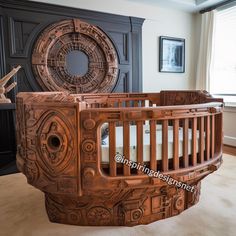 a wooden crib in the corner of a room