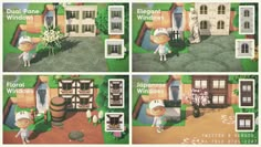 four different images of the same house and windows in animal crossing city, with text that reads