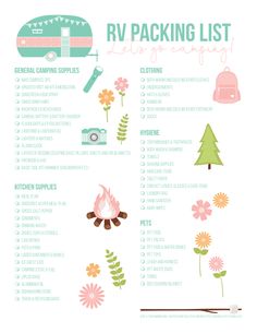 the rv packing list is shown with flowers, trees and other things to pack in