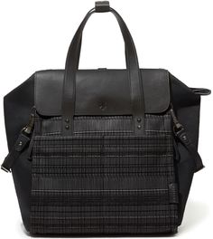 a black and white plaid bag on a white background with the handle extended to it's side