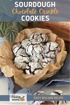 chocolate crinkle cookies in a basket with text overlay