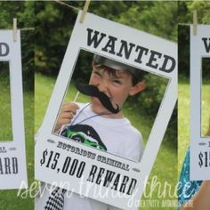 three children holding up wanted signs in front of their heads and mustaches on them