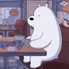 two people sitting at a table with a polar bear in front of them eating food