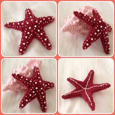 crocheted starfishs are arranged in four different ways