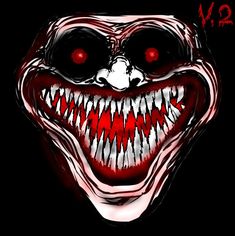 an evil clown's face with red eyes and fangs on the upper half of it