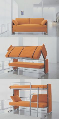 an orange couch sitting on top of a white floor next to a metal frame bed