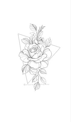 a black and white drawing of a flower with leaves on the bottom half of it