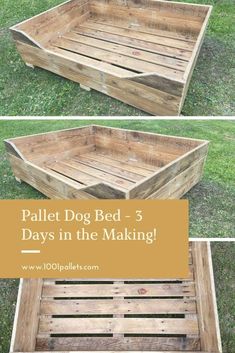 pallet dog bed made out of wooden crates in the grass with text overlay that says pallet dog bed - 3 days in the making