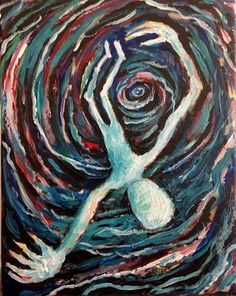 an abstract painting with lines and swirls in the center, depicting a person reaching up to