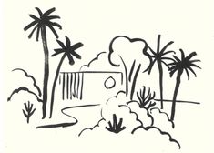 a black and white drawing of palm trees, clouds, and a house in the distance