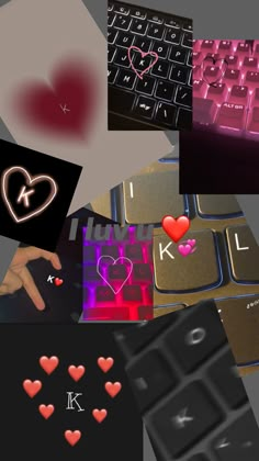 a collage of photos with hearts on the keyboard